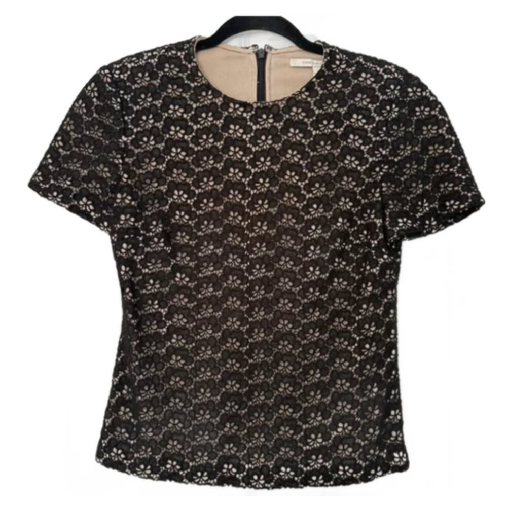 Diane von Furstenberg Cindy Acorn Top Black Lace Nude Lined Blouse Sz 0